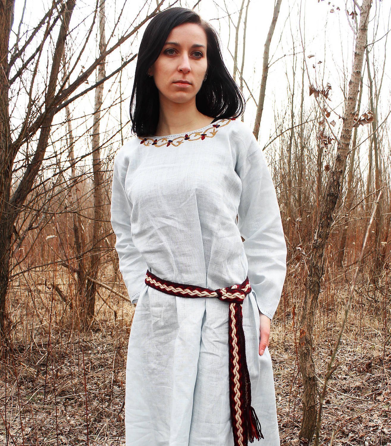 Linen underdress with natural silk embroidery